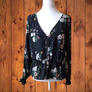 Divided by H&M Women's Size 10 Peplum Black Floral Long Sleeve Blouse Pullover